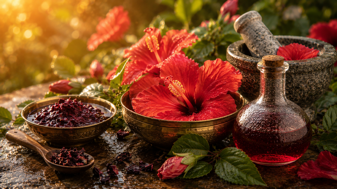 Hibiscus for Hair — The Complete Ayurvedic Guide to Growth, Colour and Scalp Health