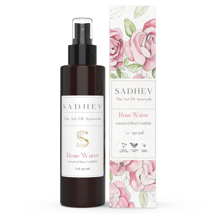 SADHEV Rose Water — steam-distilled from Centifolia roses, alcohol-free Ayurvedic toner for pH restoration and moisture locking